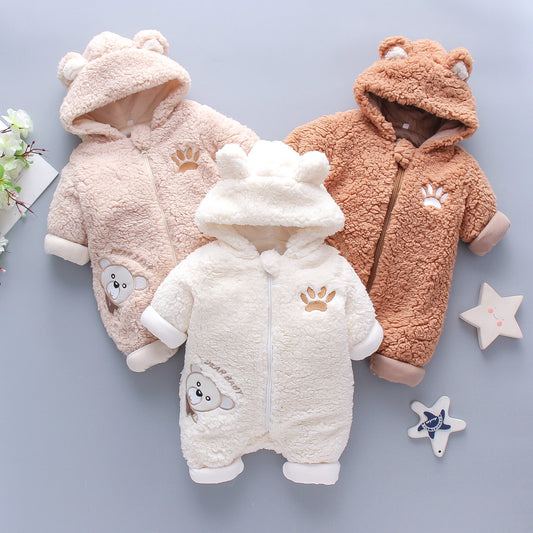 Lamb hair cartoon bear embroidered baby jumpsuit winter new girl baby long sleeved crawling suit thickened girl