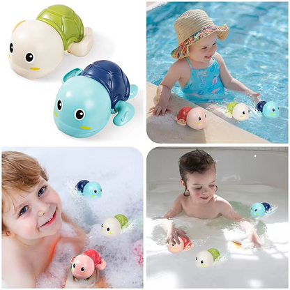 Collage of children playing with green and blue turtle wind-up bath toys in pool and bath.