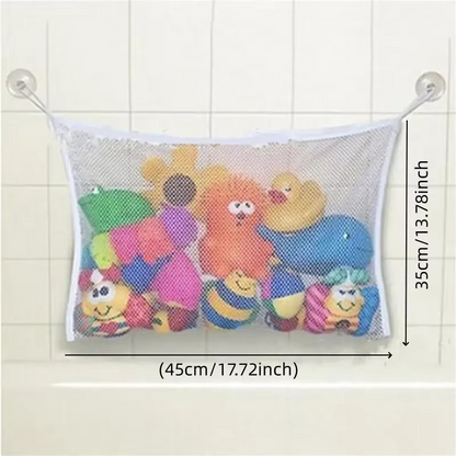 White mesh bath toy storage bag with dimensions shown, filled with colorful bath toys.