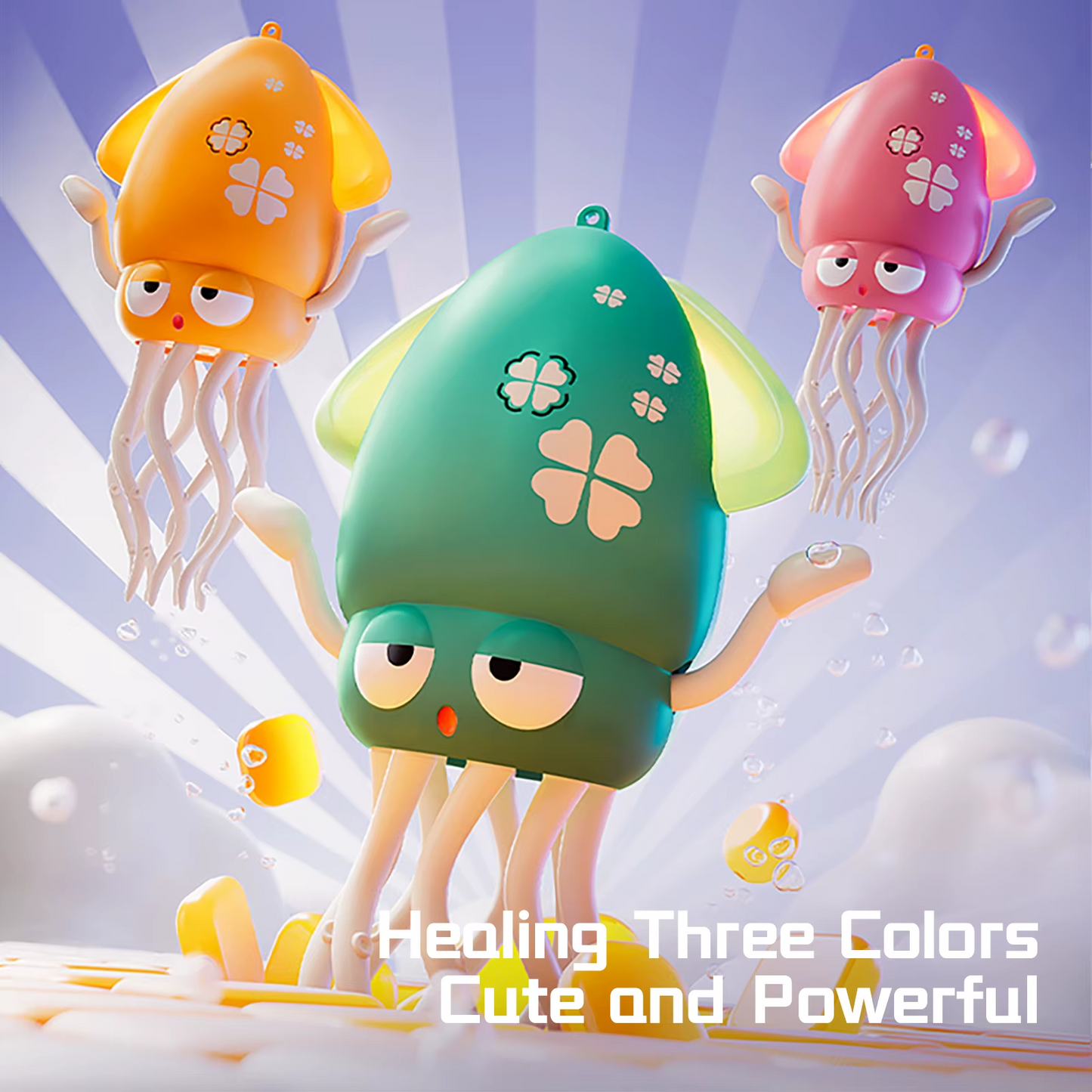 Three glowing octopus toys in pink, green, and orange with clover patterns and bright background.