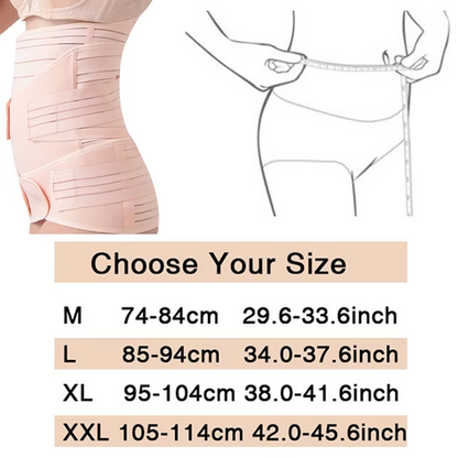 Side view of postpartum belly band worn with size chart for waist measurements in cm and inches.