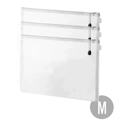 Two medium transparent mesh zipper toy storage bags stacked with zipper pulls.