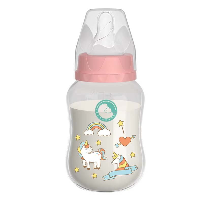240ml BPA-free baby bottle with pink lid and unicorn-themed design, easy grip handles, filled with milk.