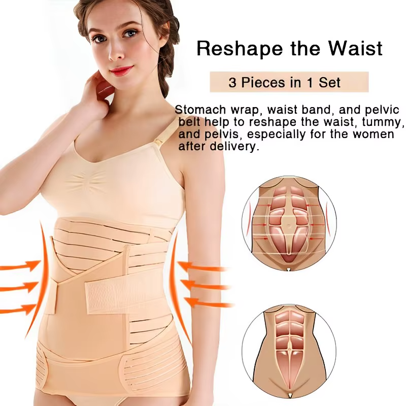 Postpartum belly band wrap worn by model with waist reshaping illustration and text.