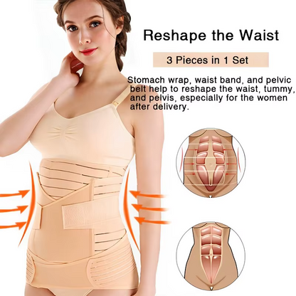 Postpartum belly band wrap worn by model with waist reshaping illustration and text.