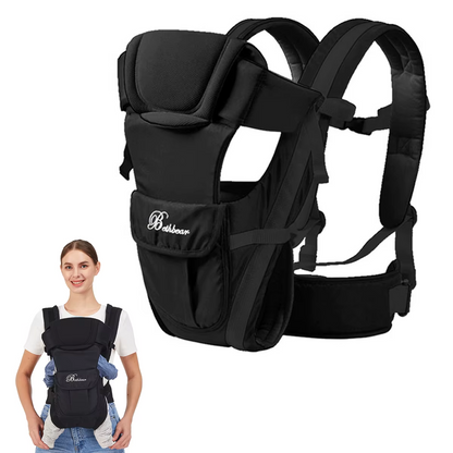 Black ergonomic baby carrier with inset of woman wearing carrier holding baby inward.