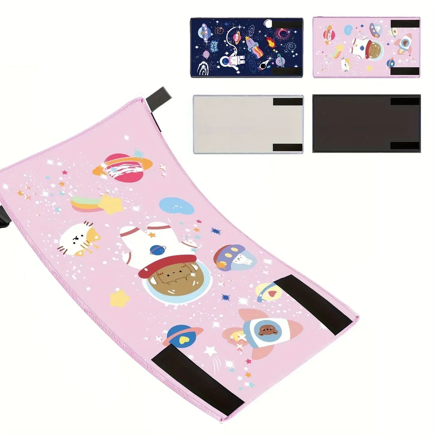 Kids airplane foot hammock in Space Pink with cartoon space design and adjustable straps.