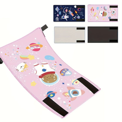 Kids airplane foot hammock in Space Pink with cartoon space design and adjustable straps.