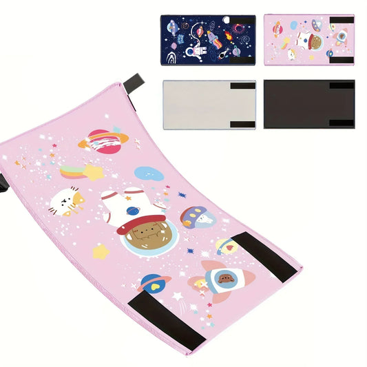 Kids airplane foot hammock in Space Pink with cartoon space design and adjustable straps.