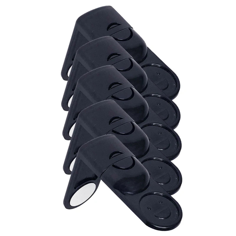 Set of five black baby safety drawer locks for childproofing cabinets and drawers.