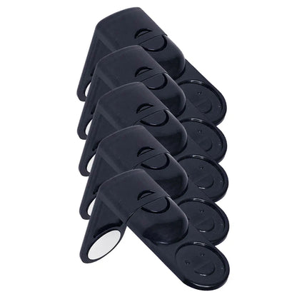 Set of five black baby safety drawer locks for childproofing cabinets and drawers.