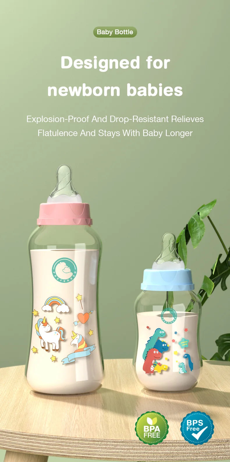 Baby Bottle with Gravity Ball and Handles | Wide Mouth Anti Spill Feeding Bottle