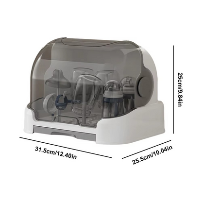 White baby bottle drying rack with closed gray lid and product dimensions, holding bottles and accessories.