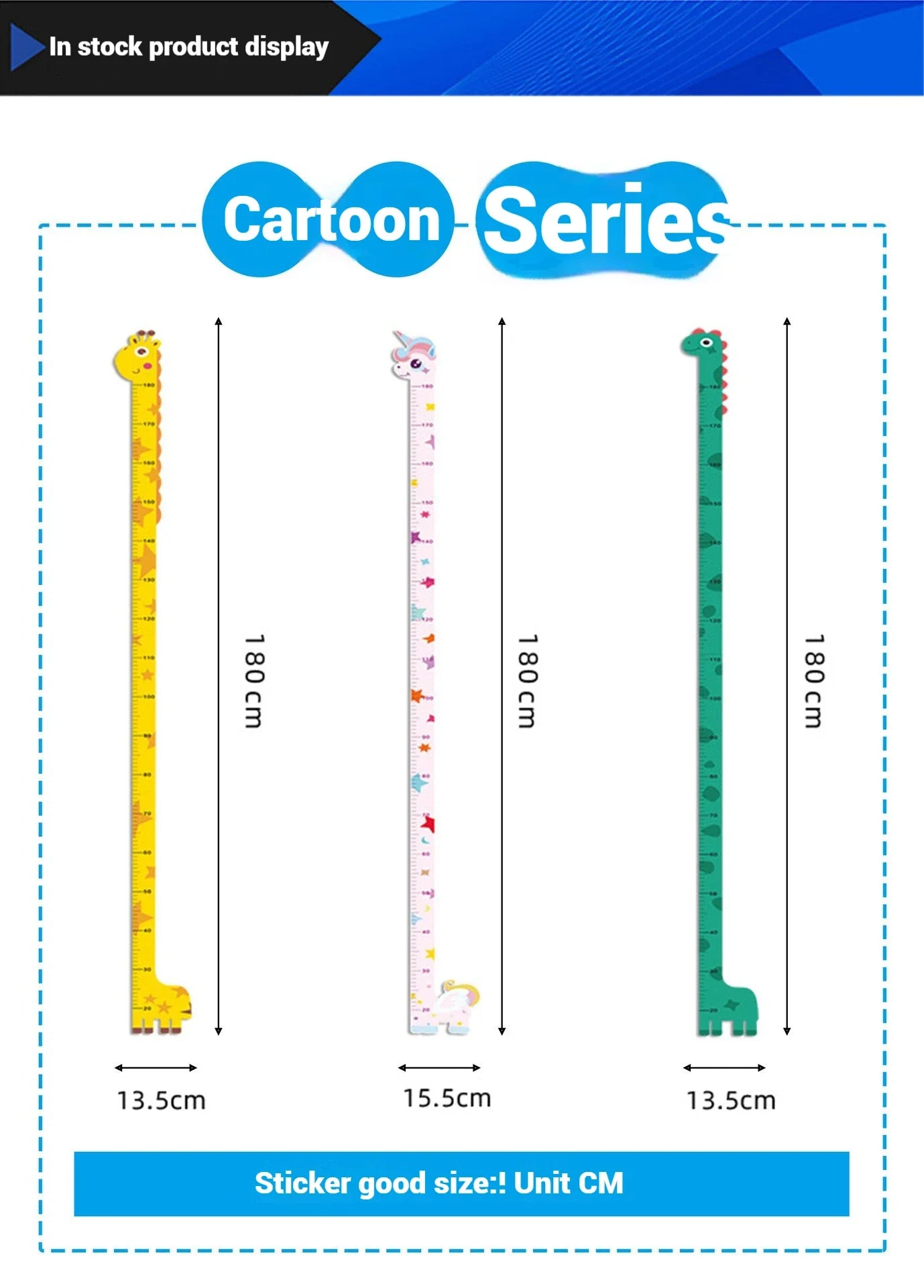 Dimensions and design of cartoon animal growth chart decals featuring giraffe, unicorn, and dinosaur options.