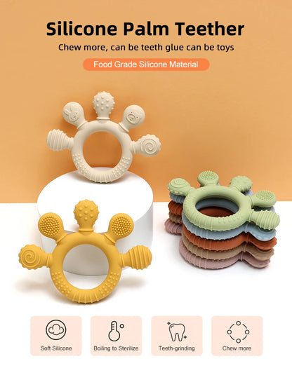 Stack of pastel and mustard silicone palm teethers with feature icons and text.