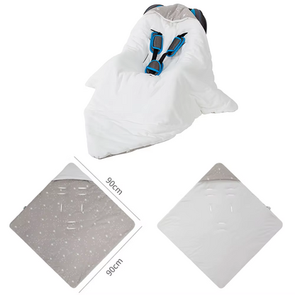 White hooded baby wrap blanket with grey star print inner lining, 90x90cm size.