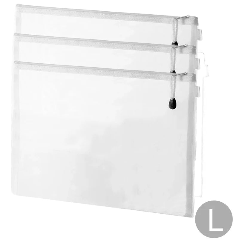 Three large transparent mesh zipper toy storage bags stacked with zipper pulls.