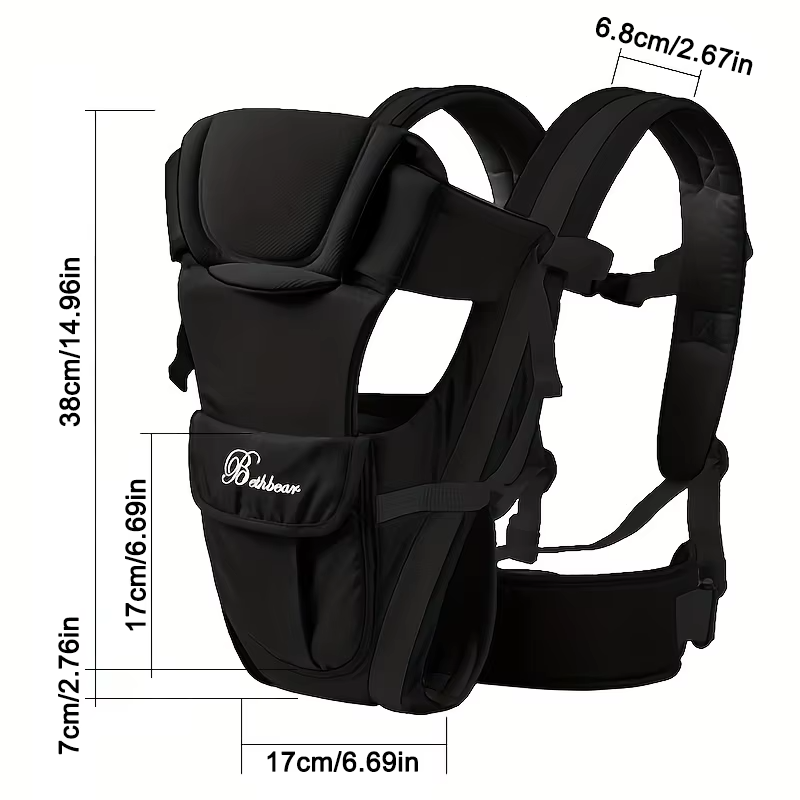 Black ergonomic baby carrier with detailed dimensions for height, width, and strap size.