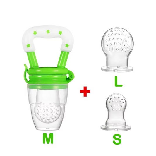Green silicone baby fruit feeder pacifier with white star handle and two extra silicone nipples in large and small sizes.