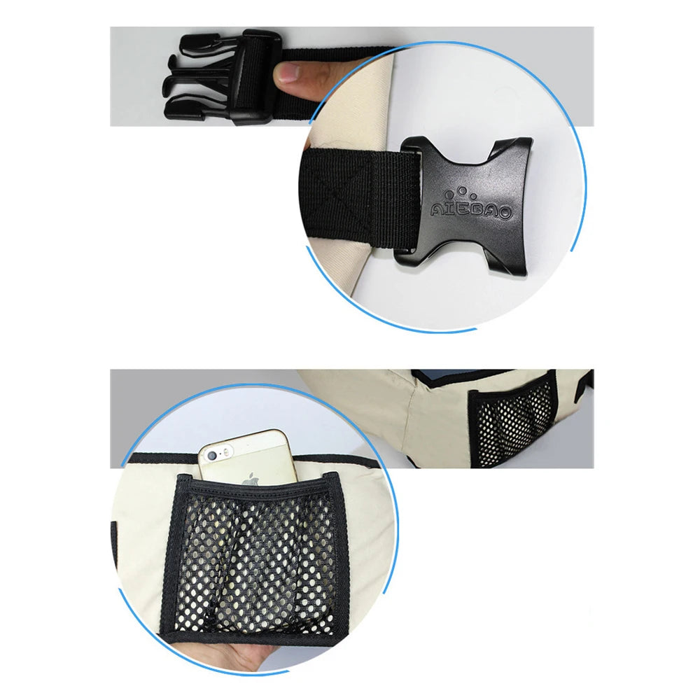 Close-up of buckle and mesh pocket holding phone on beige ergonomic baby hip seat carrier.