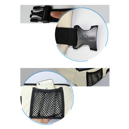 Close-up of buckle and mesh pocket holding phone on beige ergonomic baby hip seat carrier.