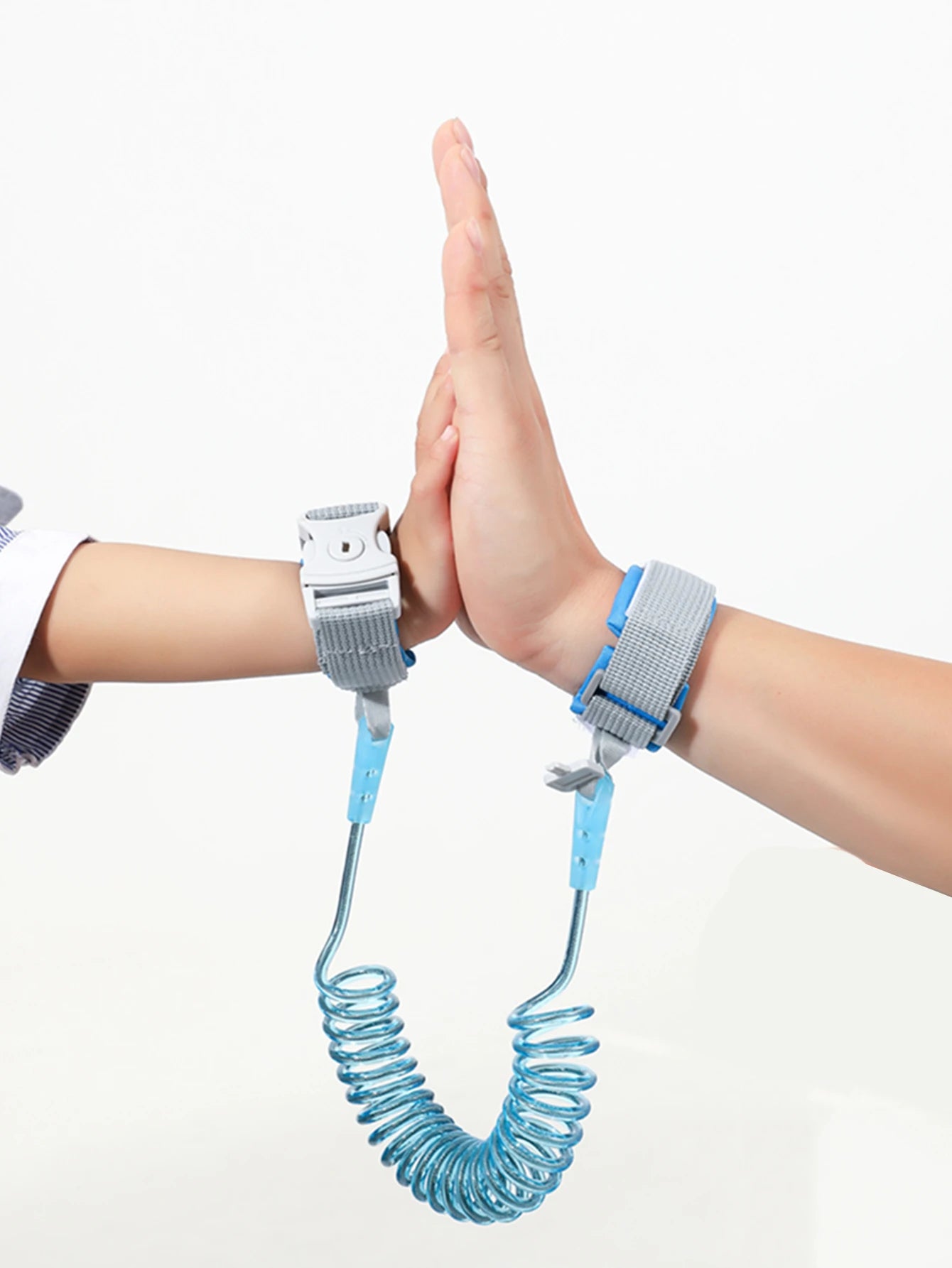 Blue and gray wrist straps connected by blue spring leash for toddler safety.