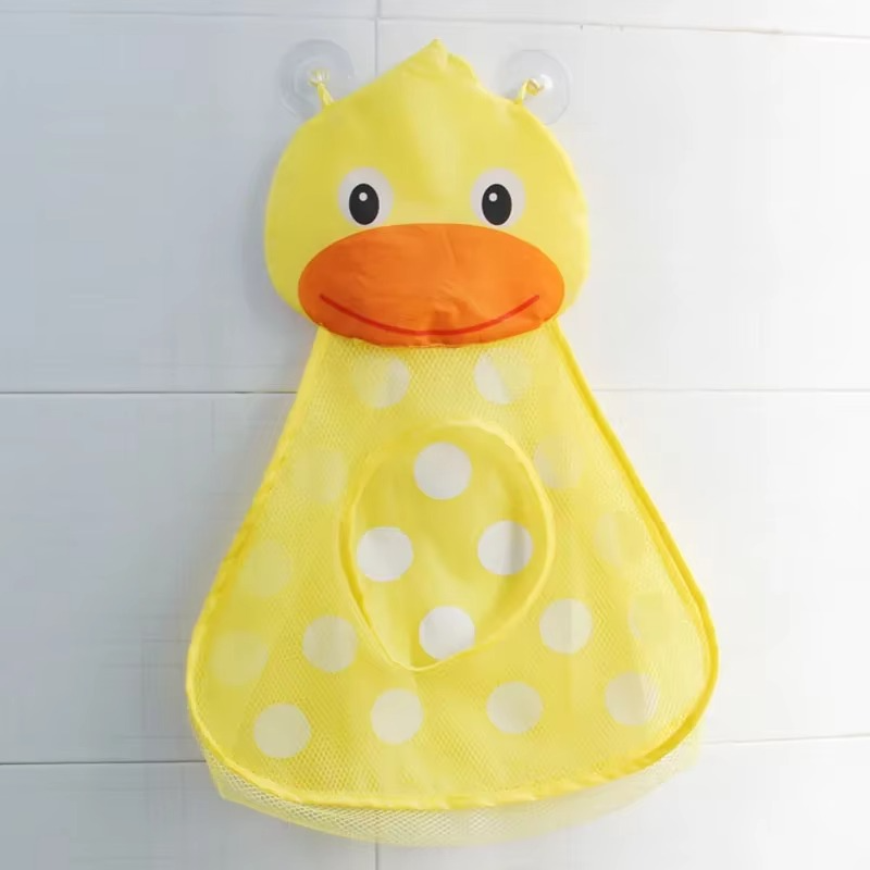 Yellow duck bath toy storage mesh bag with suction cups for bathroom organization.