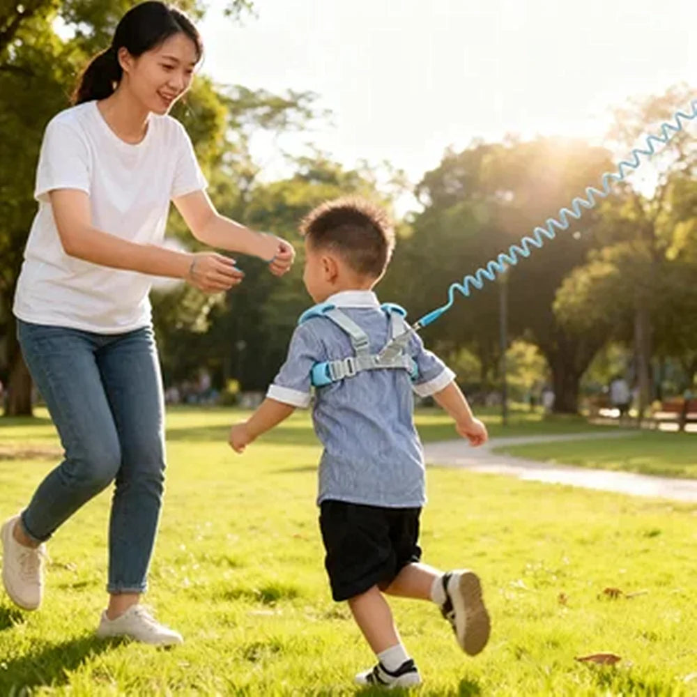 Child running outdoors wearing blue toddler anti-lost safety harness with spring leash wrist strap.