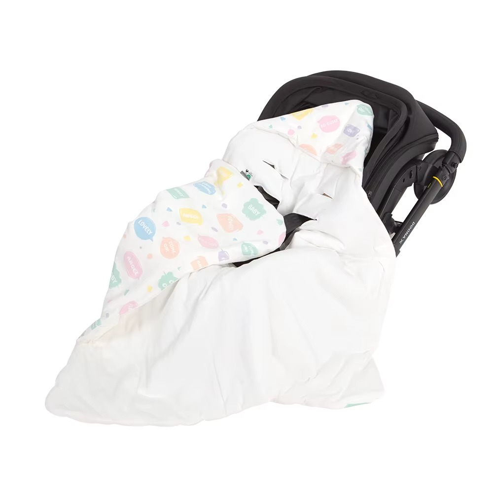 Hooded baby wrap blanket with pastel words print lining in stroller, variant words 90x90cm.