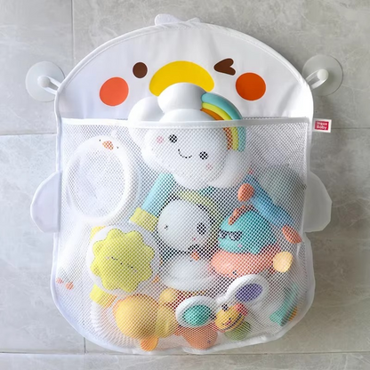 White duck bath toy storage mesh bag filled with baby bath toys, mounted with suction cups.