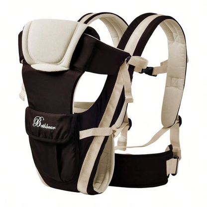 Beige and black ergonomic baby carrier side view with adjustable straps and padded support.