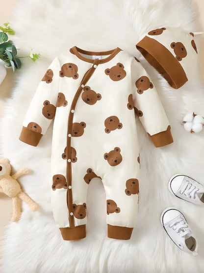 Bear Print Baby Romper | Soft Long Sleeve Button Up One Piece Outfit