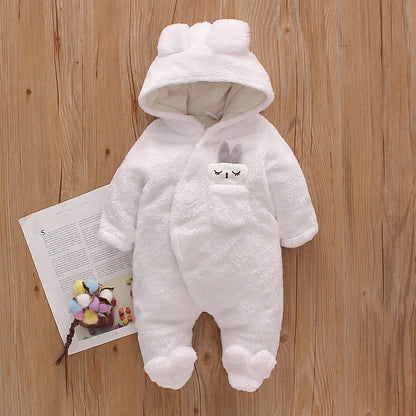 Plush Hooded Baby Romper | Warm Cartoon Jumpsuit for Fall and Winter