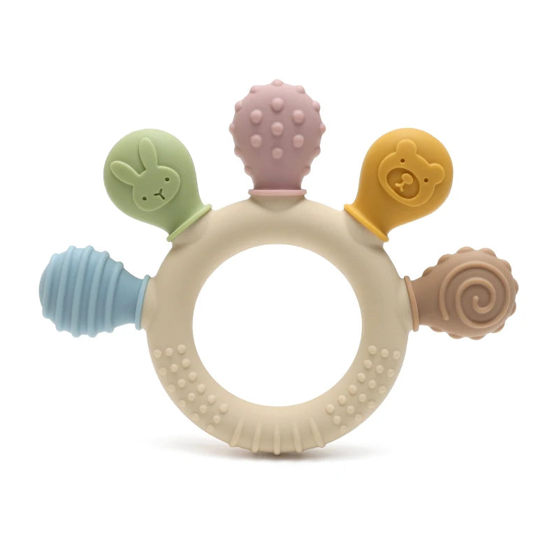 Silicone baby teething ring with five pastel textured chew heads in various shapes.