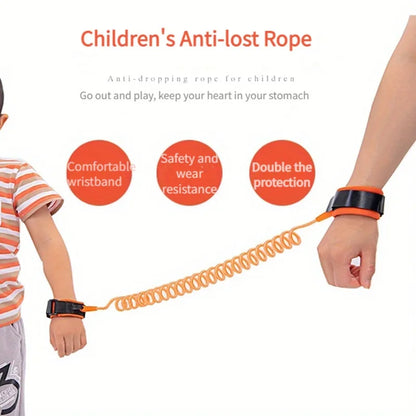 Orange toddler safety leash with padded wristbands worn by child and adult showing anti-lost connection.