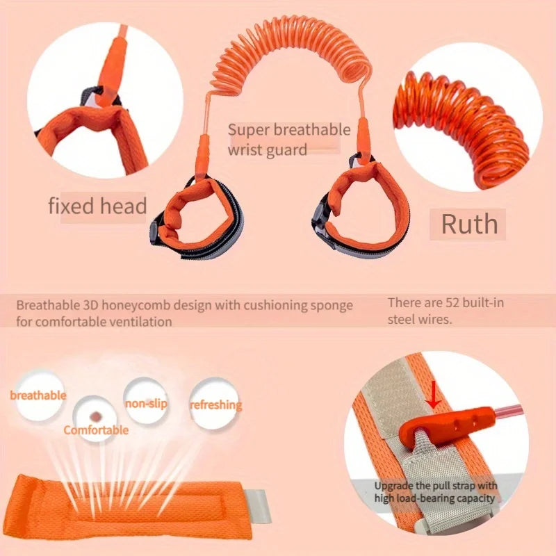 Detailed view of orange toddler leash wristbands with breathable padding and reinforced coil.