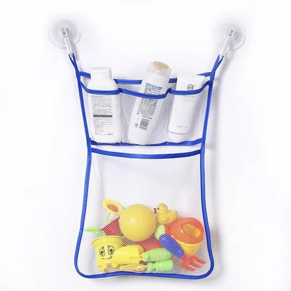 Blue baby bath toy storage mesh bag with suction cups holding bottles and bath toys.
