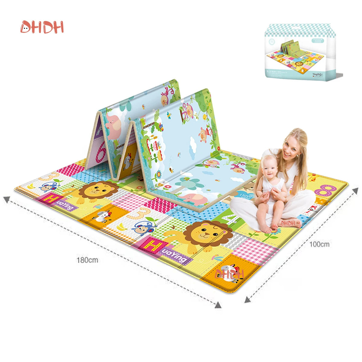 Foldable baby play mat with cartoon animals and numbers, partially folded, with woman and baby sitting.