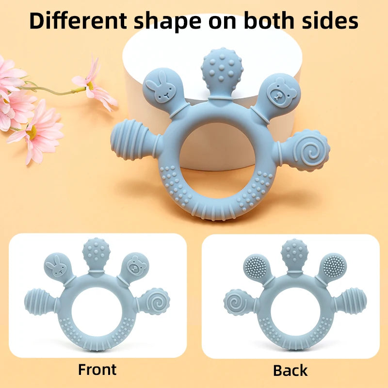 Blue silicone baby teething ring showing different textured shapes on front and back sides.