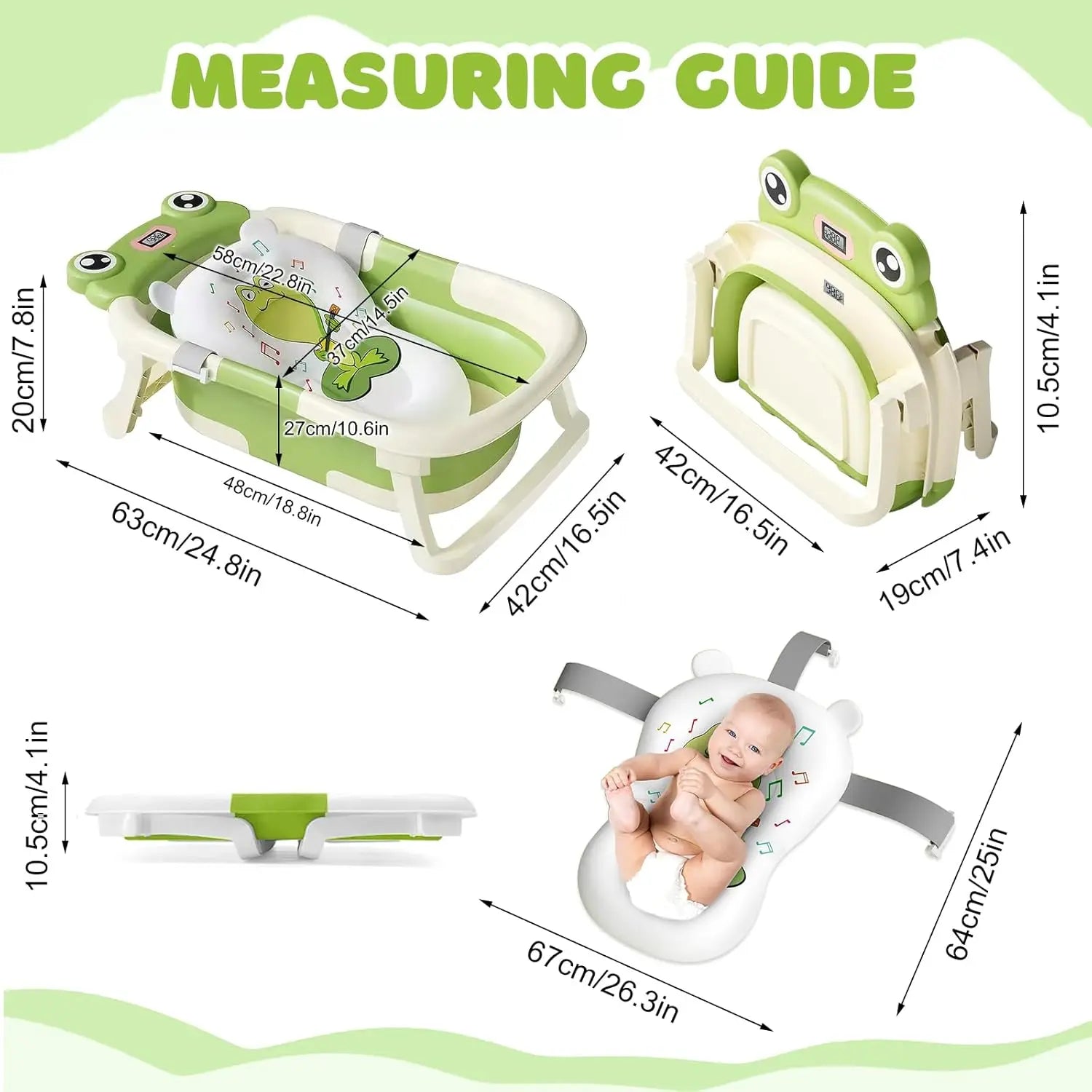 Measurement guide for green foldable baby bathtub, cushioned support, and folded tub with dimensions in cm and inches.