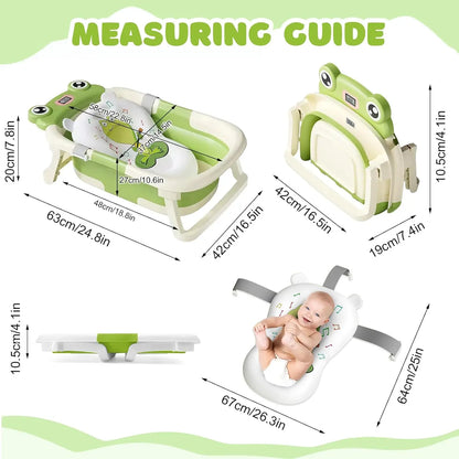 Measurement guide for green foldable baby bathtub, cushioned support, and folded tub with dimensions in cm and inches.