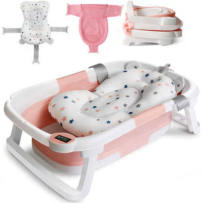 Foldable baby bathtub Type 2 Pink with star cushion, digital thermometer, pink mesh sling, and crown shower cap.