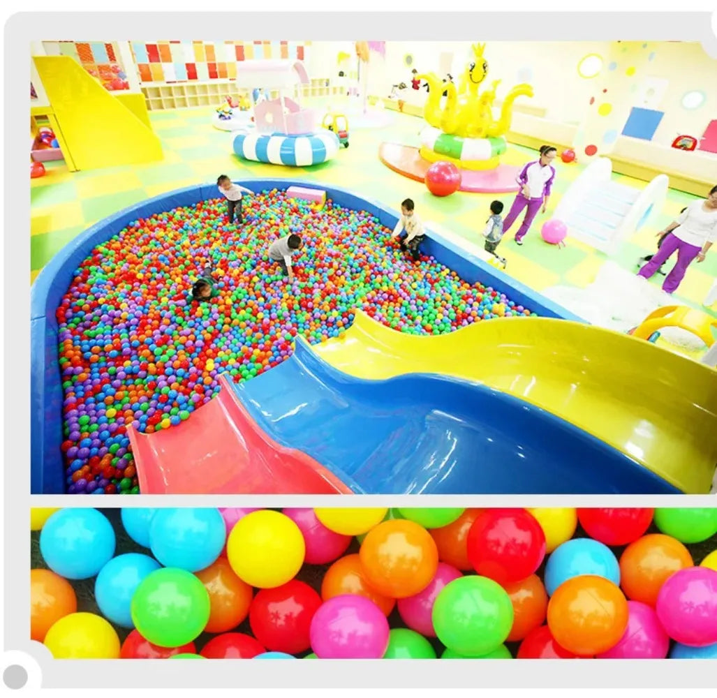 Indoor playground ball pit filled with colorful balls and children playing, illustrating use of 100-piece ball set.