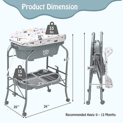 Dimension diagram of baby bathtub with changing table including size, weight, and recommended age.