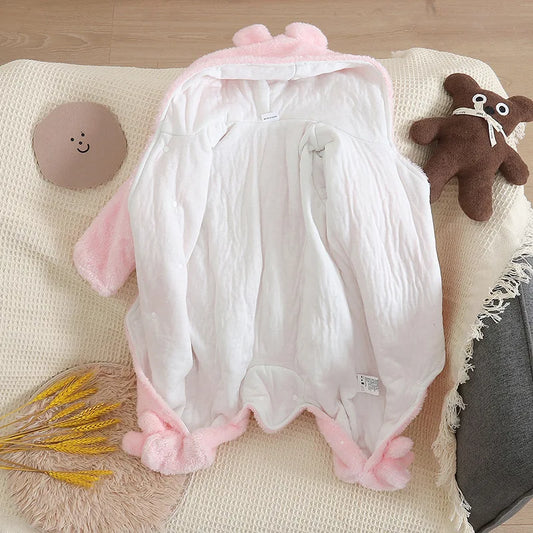 Plush Hooded Baby Romper | Warm Cartoon Jumpsuit for Fall and Winter