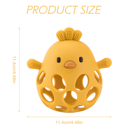 Mango yellow silicone baby teether rattle with size dimensions 11.4 cm by 11.4 cm.