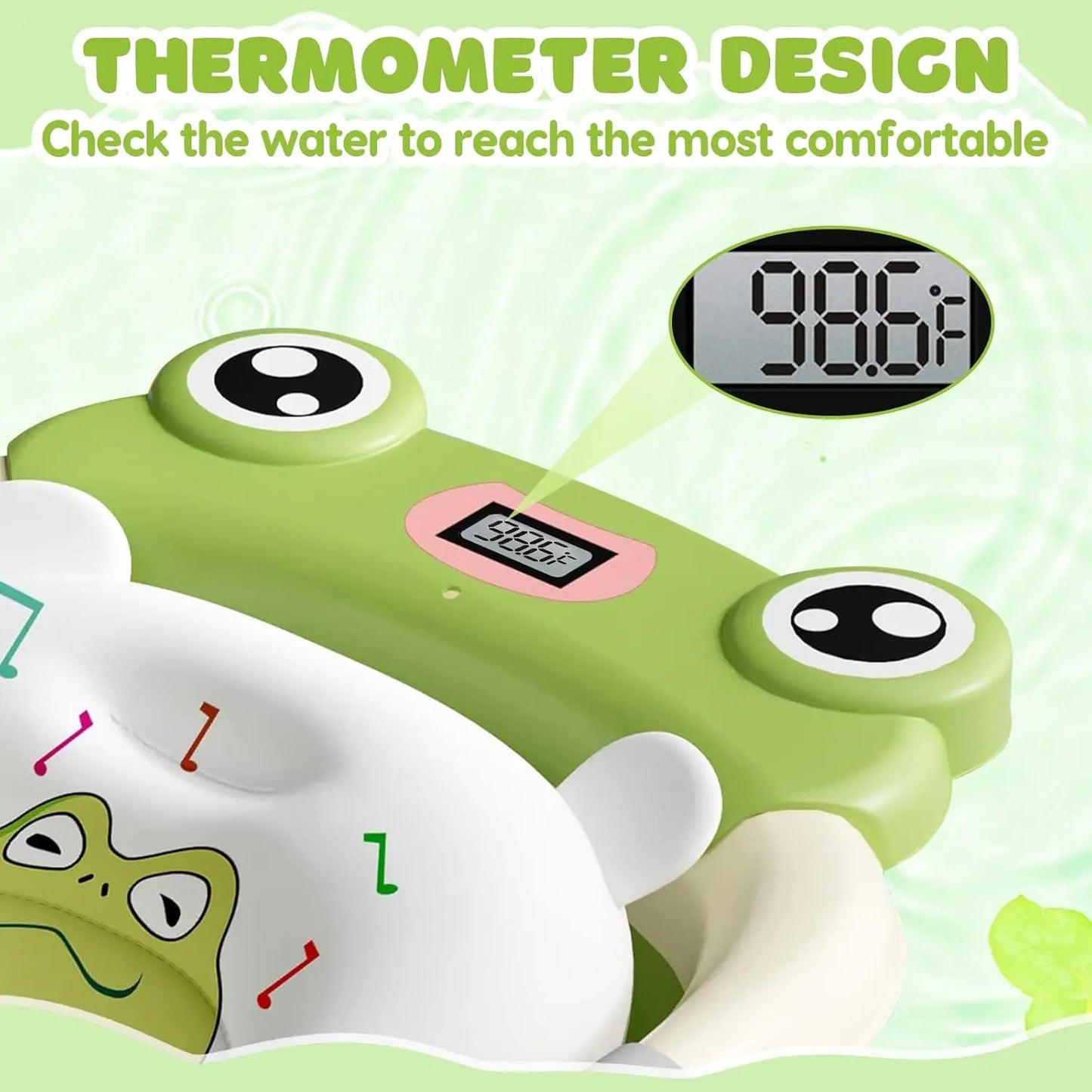 Close-up of green frog head with digital thermometer on baby bathtub showing water temperature 98.6°F.