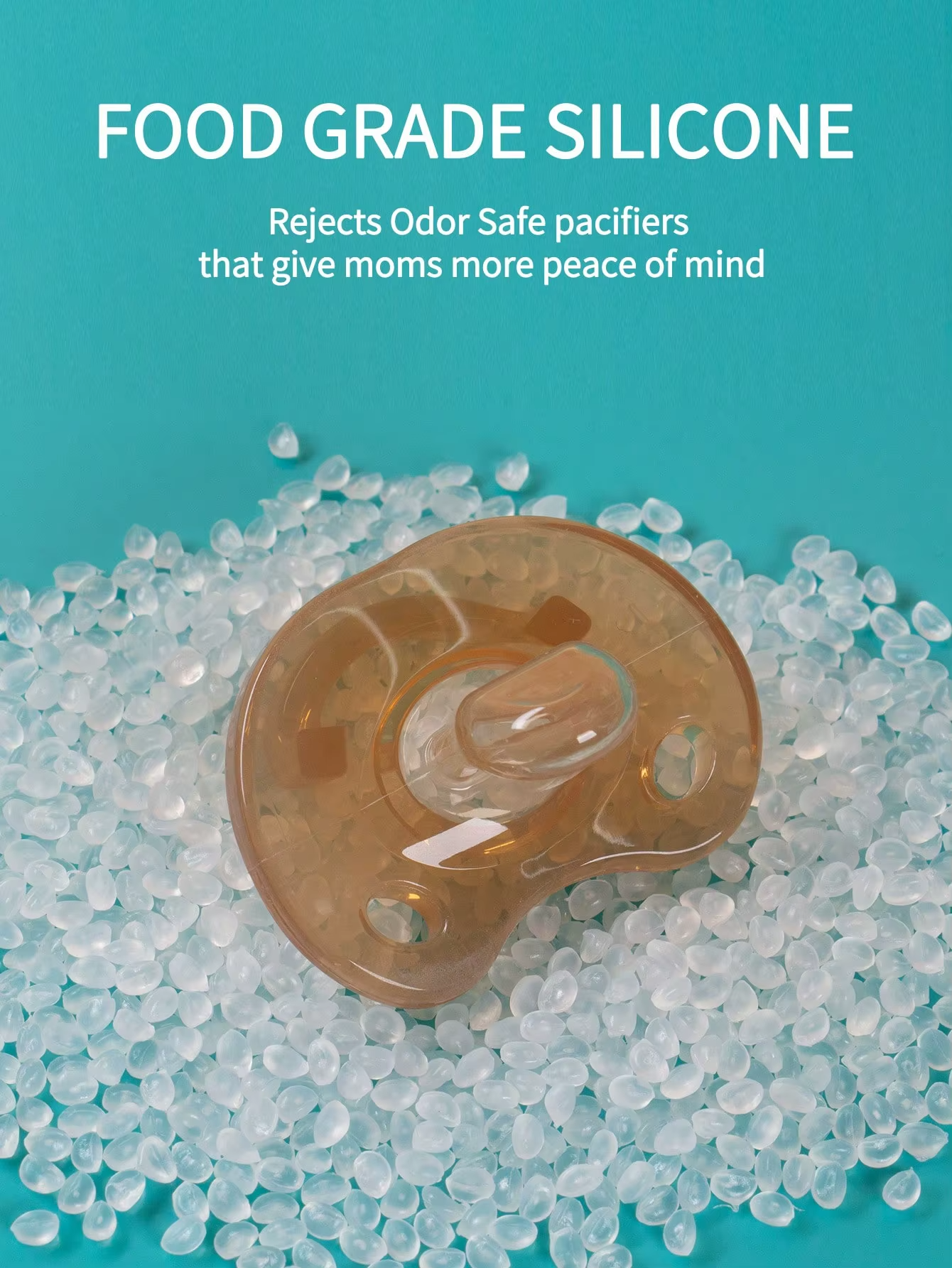 Light brown silicone baby pacifier on food grade silicone pellets with product safety text.