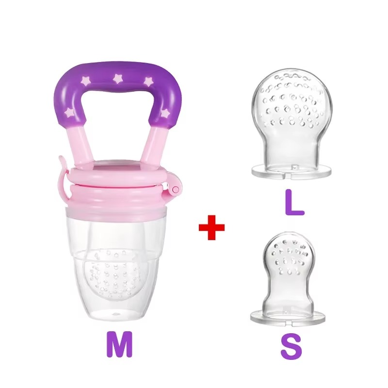 Pink silicone baby fruit feeder pacifier with purple star handle and two extra silicone nipples in large and small sizes.