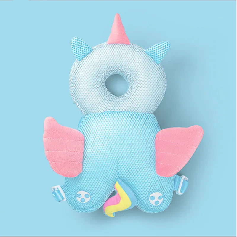 Rainbow Angel baby head protection pillow backpack with breathable mesh and soft wings.
